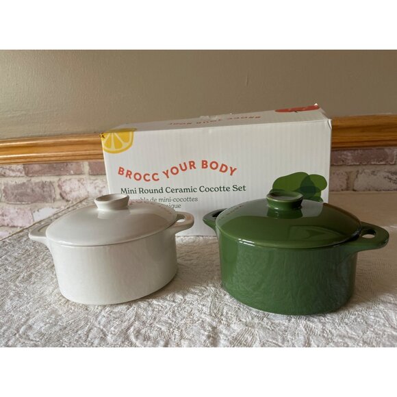 Round Ceramic Cocotte Set By Brocc Your Body Minimalist Style White & Green - Picture 1 of 15